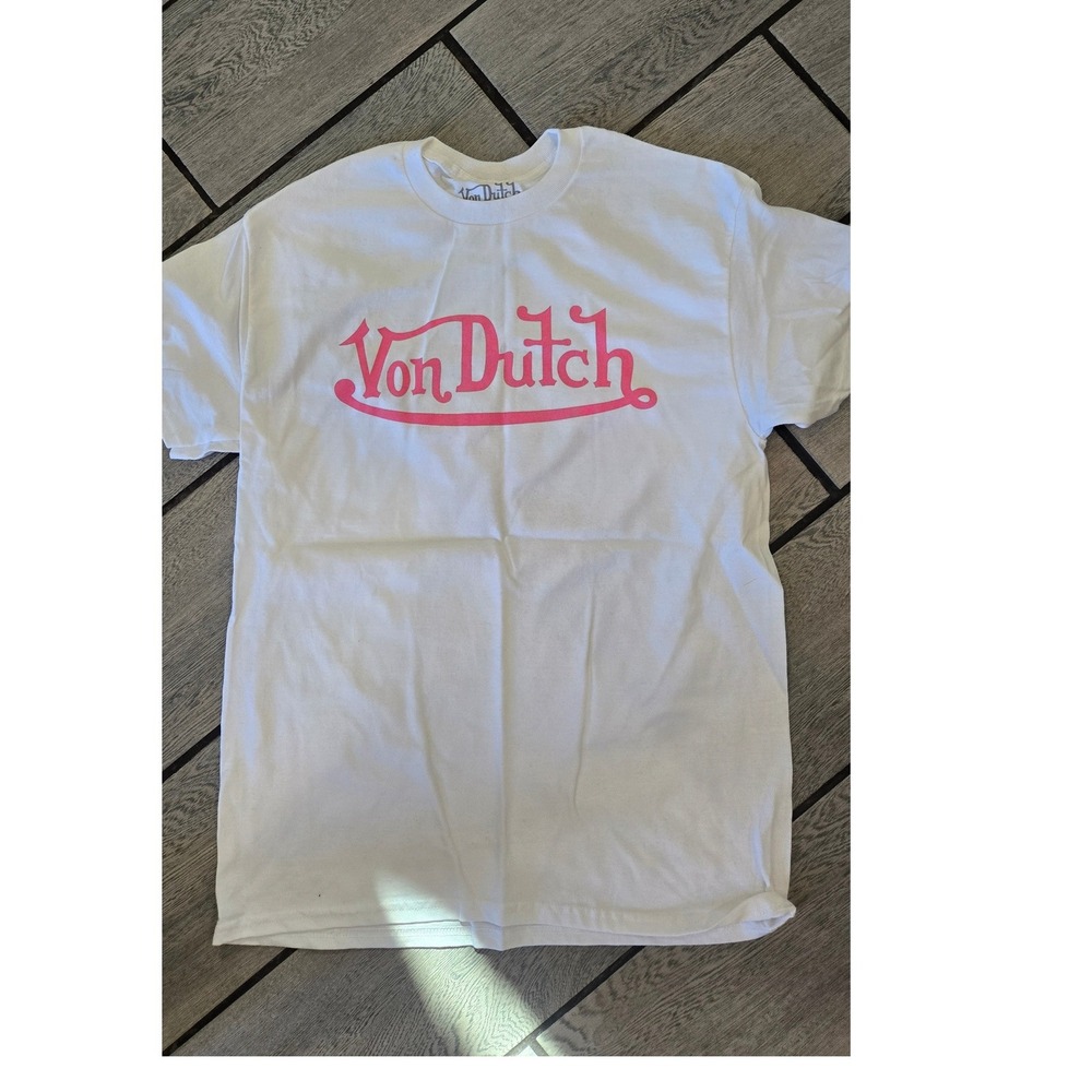Von Dutch Graphic T-Shirt White Pink Logo Crewneck Short Sleeve Y2K Streetwear M